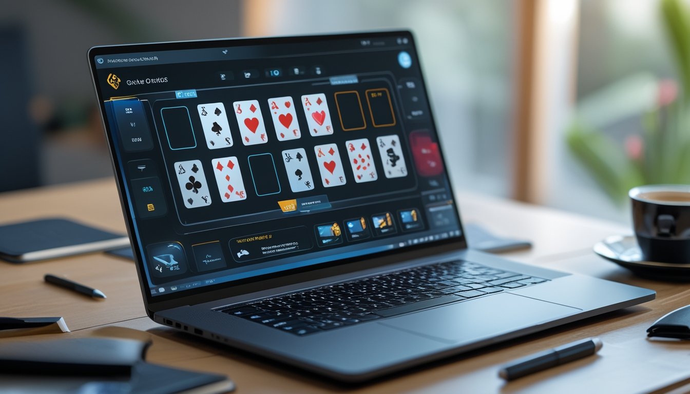 Sebuah meja kerja dengan laptop yang menampilkan permainan kartu online dengan tiga belas kartu, dikelilingi oleh alat tulis dan cangkir kopi.
