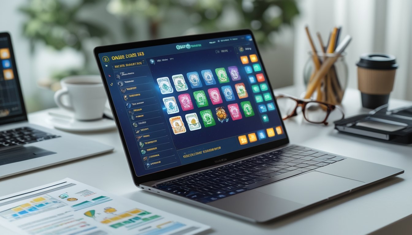 Seorang pengguna sedang bekerja dengan laptop yang menampilkan permainan kartu Capsa 13 di layar, dikelilingi oleh dokumen dan perangkat digital di meja kerja yang rapi.