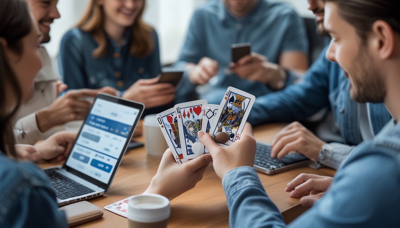 Orang-orang bermain permainan kartu online dengan perangkat digital di meja kayu, menunjukkan suasana santai dan fokus.