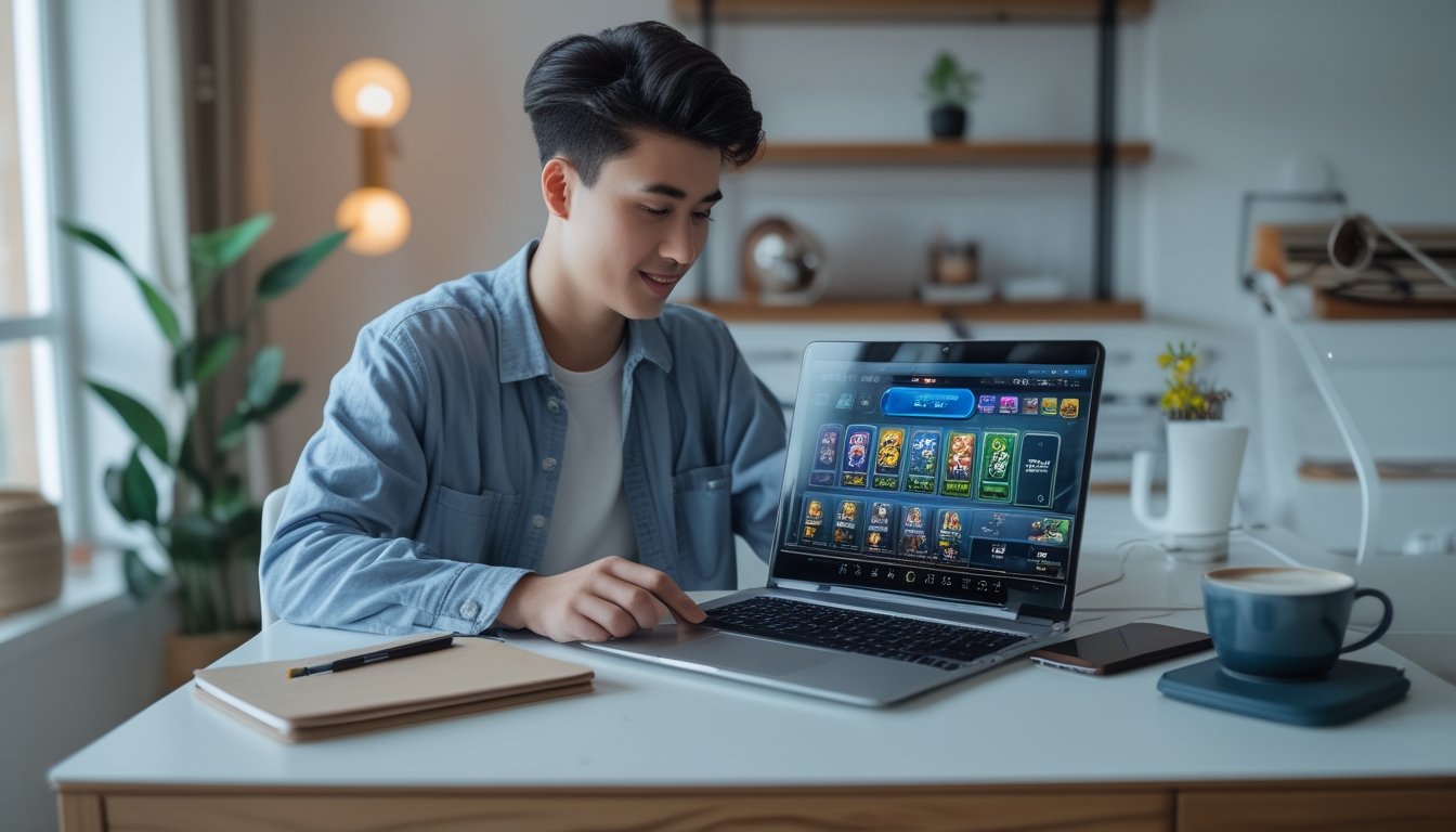 Seseorang duduk di meja dengan laptop terbuka menampilkan permainan kartu online, di sekitar meja terdapat smartphone, buku catatan, dan cangkir kopi.