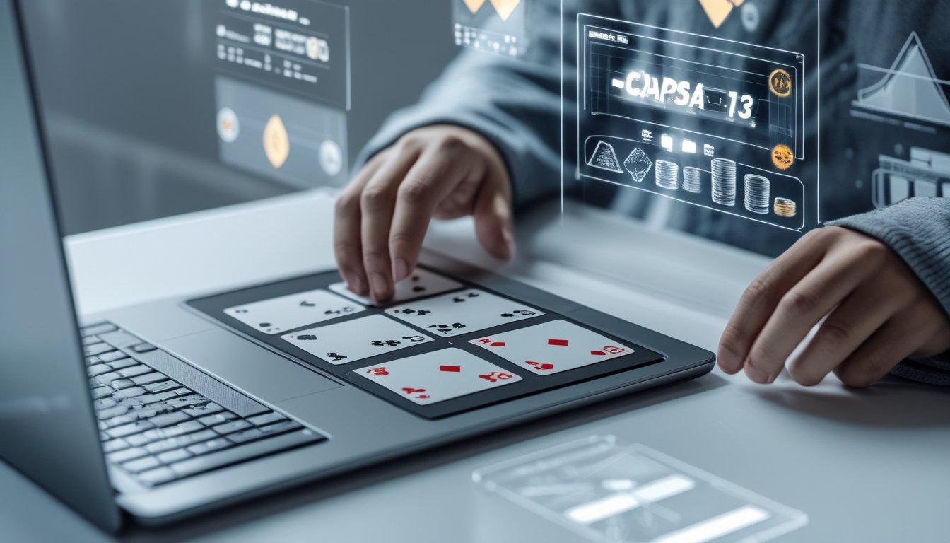 Seseorang menggunakan laptop dengan permainan kartu Capsa 13 sedang berlangsung, dikelilingi oleh grafik dan data prediksi taruhan.