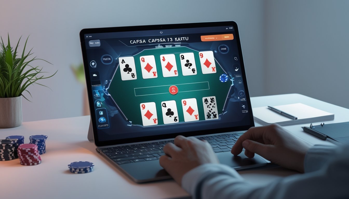 Suasana permainan kartu Capsa 13 Kartu online dengan perangkat digital dan kartu tertata rapi di layar, menampilkan suasana taruhan dan strategi.