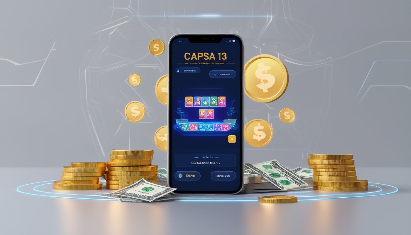 Sebuah ponsel atau tablet menampilkan permainan kartu Capsa 13 dengan koin emas dan simbol hadiah di sekitarnya.