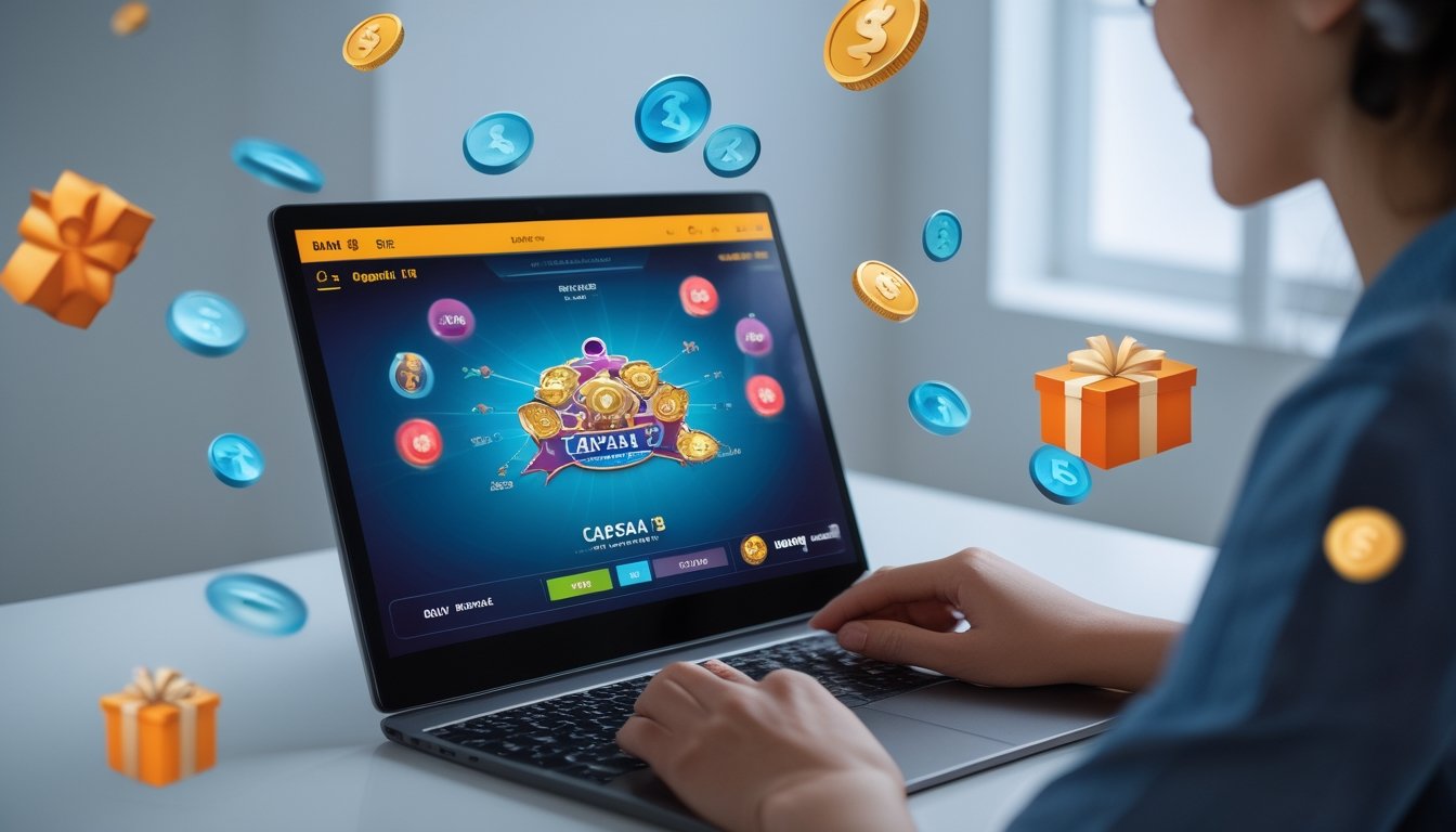 Orang menggunakan laptop dengan tampilan permainan kartu Capsa 13 online dan ikon bonus serta cashback di sekitarnya.