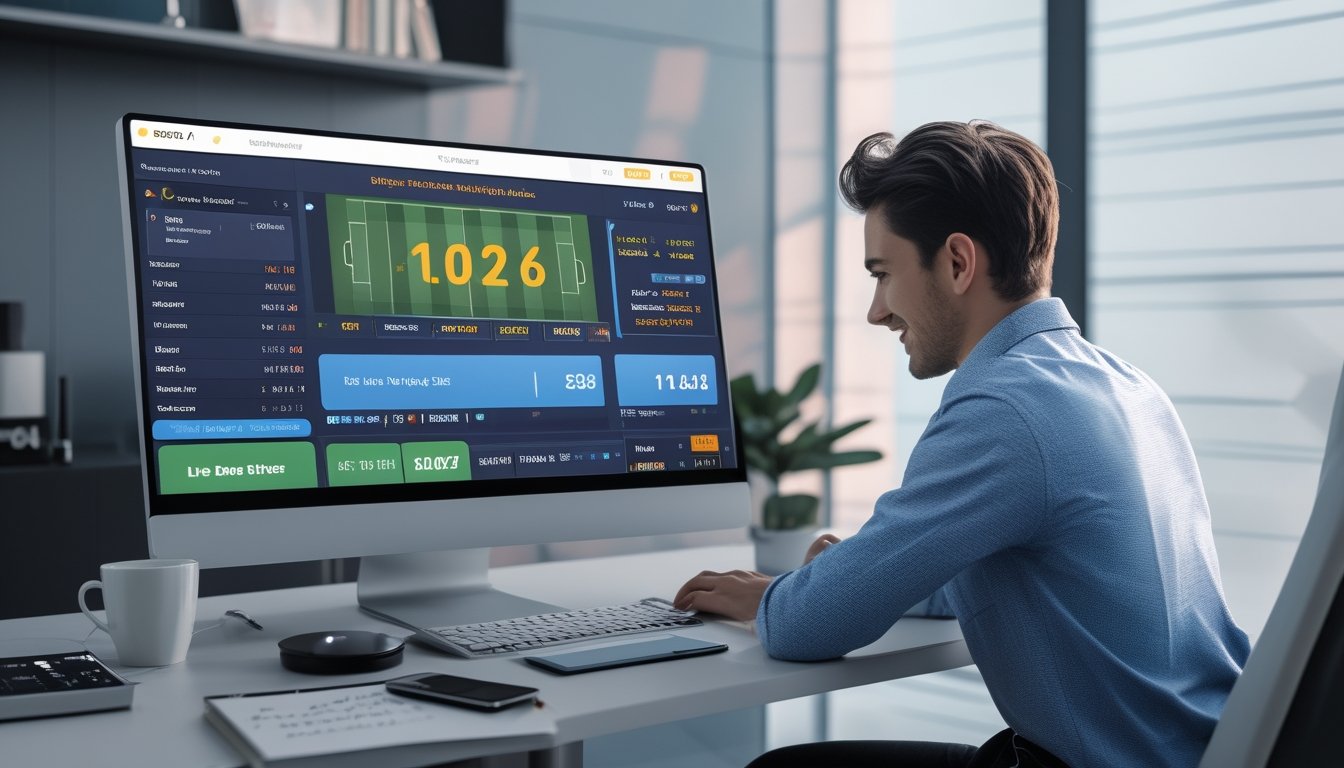 Seorang dewasa muda sedang menggunakan komputer untuk memasang taruhan bola online dengan tampilan statistik pertandingan dan antarmuka taruhan di layar.