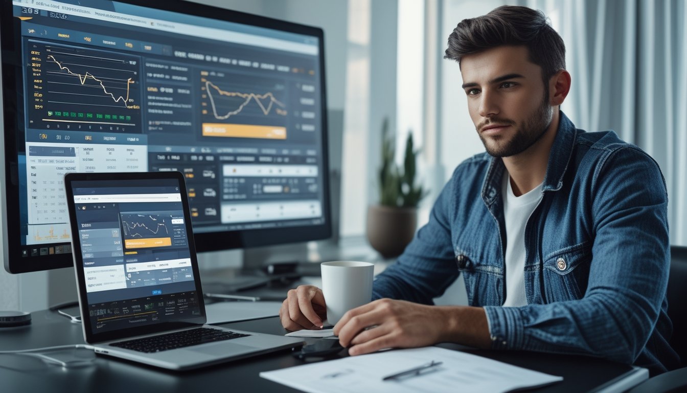Seorang pria muda duduk di meja dengan beberapa perangkat digital yang menampilkan statistik dan strategi taruhan bola online.