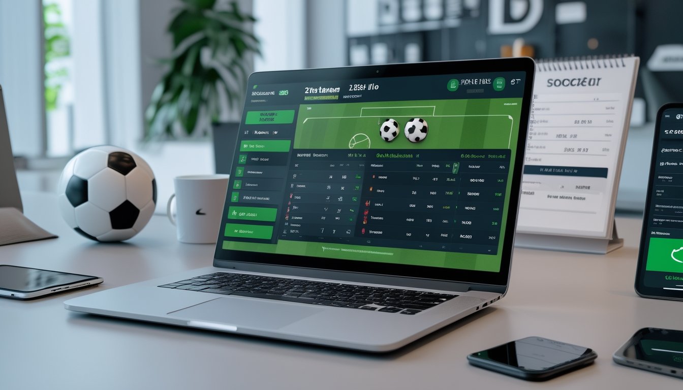 Seorang pria bekerja di depan laptop dengan tampilan taruhan sepak bola online dan bola sepak di meja, di ruang kantor yang terang.