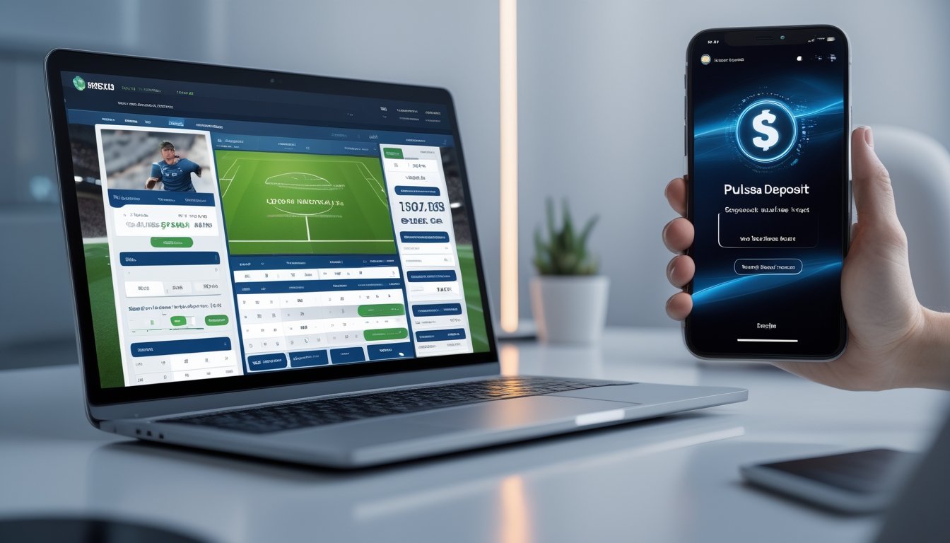 Seorang pria menggunakan laptop dan ponsel untuk memasang taruhan bola secara online dengan antarmuka situs judi yang modern.