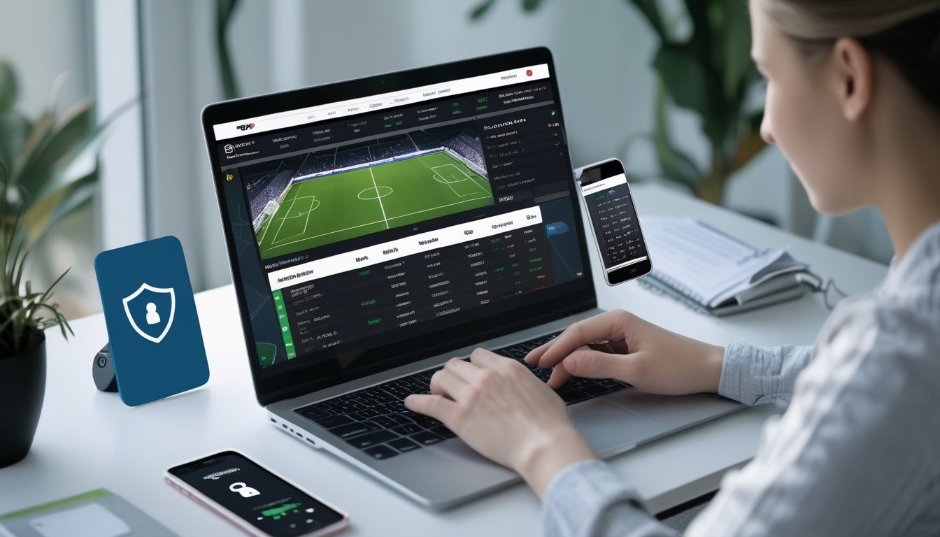 Orang menggunakan komputer dan ponsel di ruang kerja modern dengan tampilan situs judi bola online yang menampilkan statistik pertandingan sepak bola.