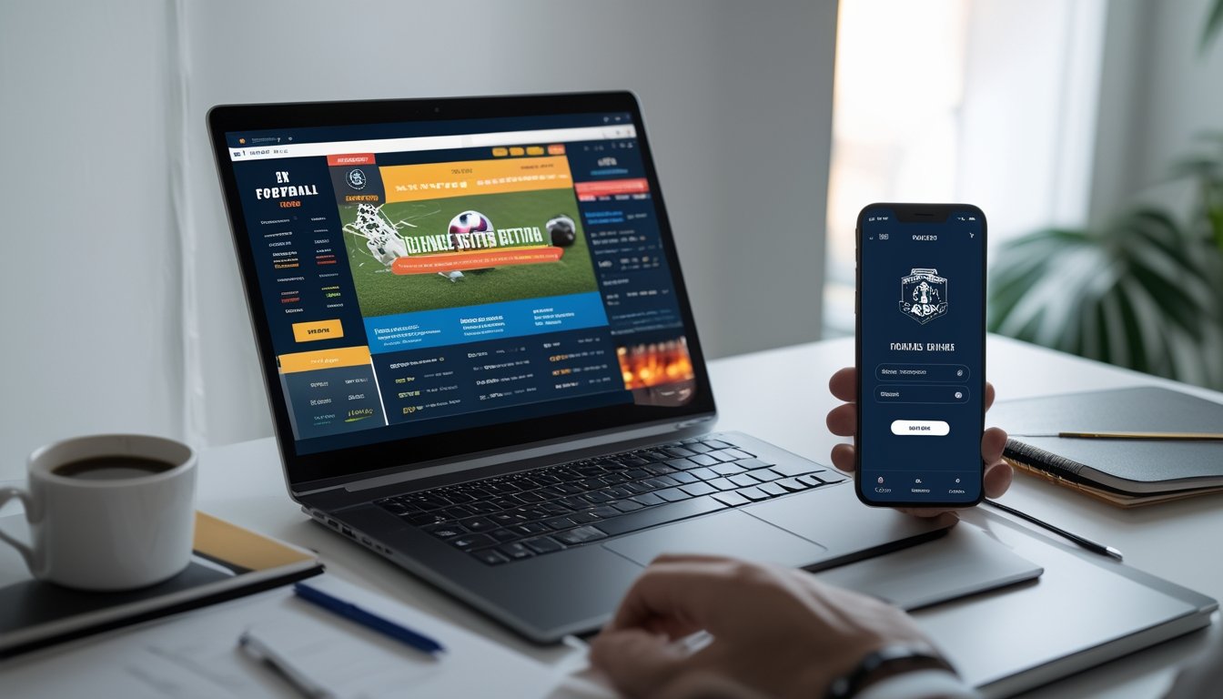 Seorang pengguna sedang mengakses situs judi bola online di laptop dan ponsel di meja kerja modern.