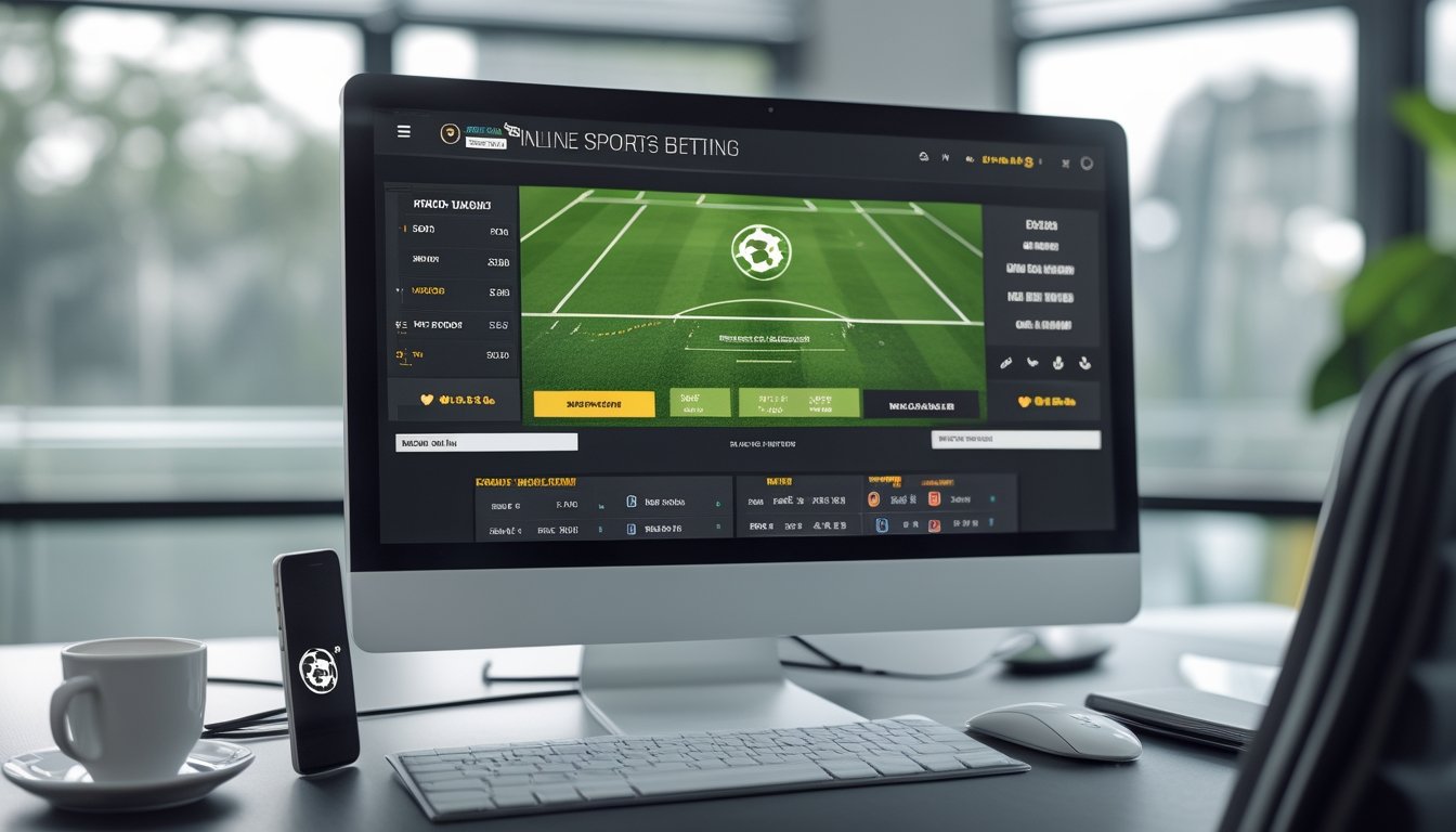 Sebuah meja kerja dengan komputer yang menampilkan antarmuka taruhan sepak bola online dan perangkat pendukung di sekitarnya.