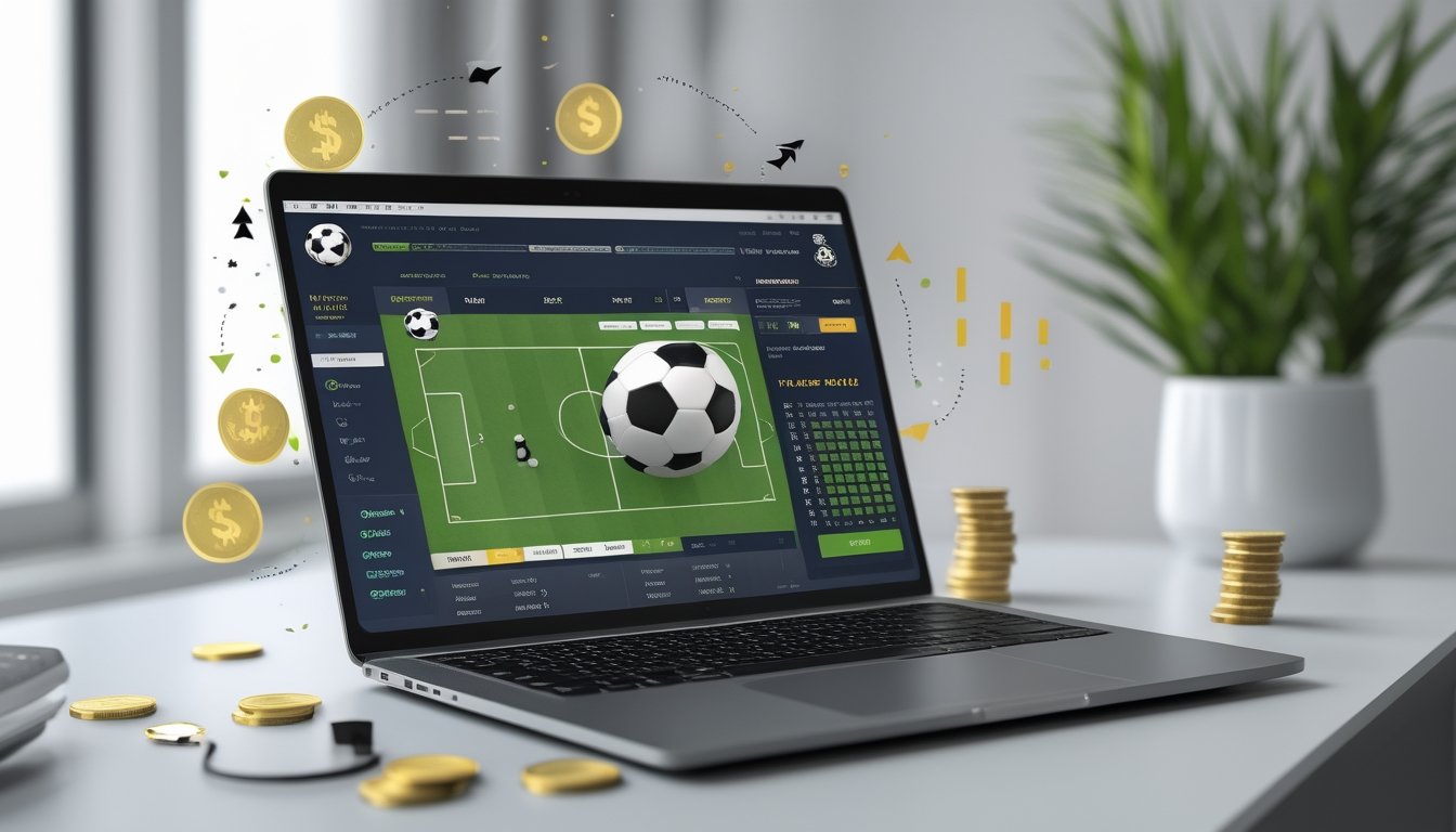 Seorang pengguna sedang melihat layar perangkat dengan tampilan taruhan bola online dan elemen terkait seperti bola sepak dan grafik kemenangan.