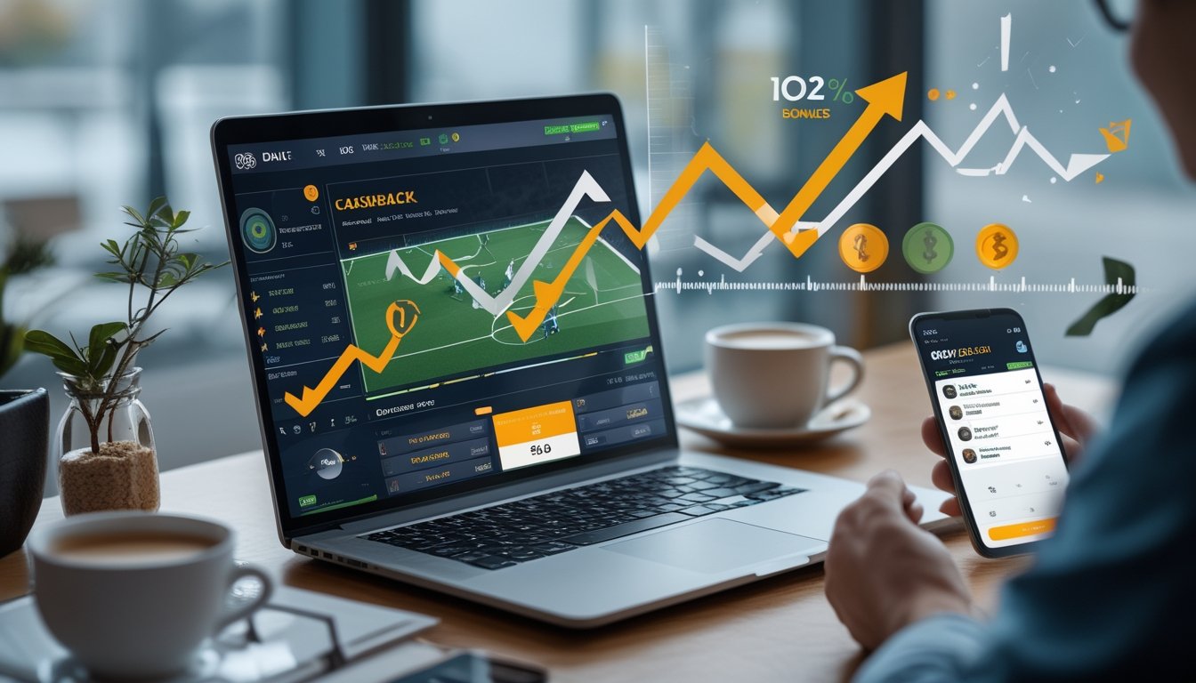 Seorang pria menggunakan laptop dengan layar menampilkan pertandingan sepak bola dan grafik naik yang mewakili bonus cashback harian dan kemenangan beruntun.