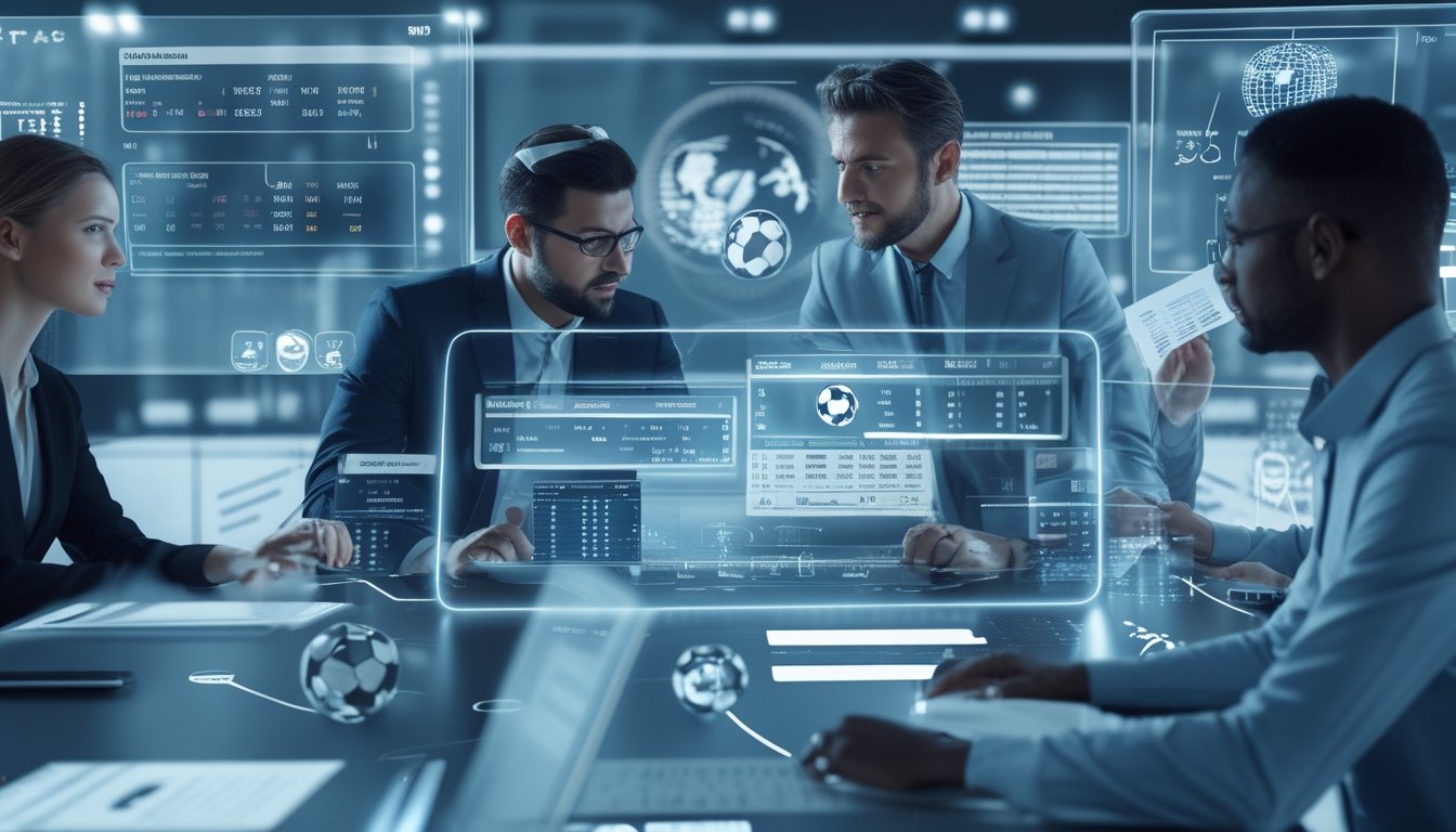 Seorang profesional sedang bekerja dengan beberapa layar transparan menampilkan statistik sepak bola dan pembayaran cepat di lingkungan digital modern.