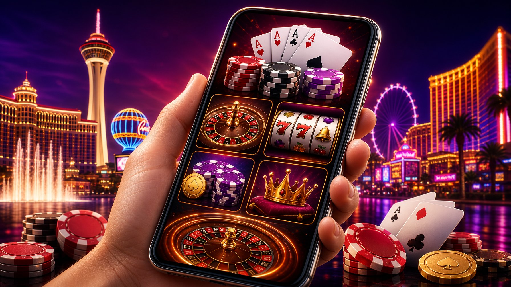 A Hand Holding A Smartphone Showing Casino Game Icons With Neon Lights And Las Vegas Landmarks In The Background.
