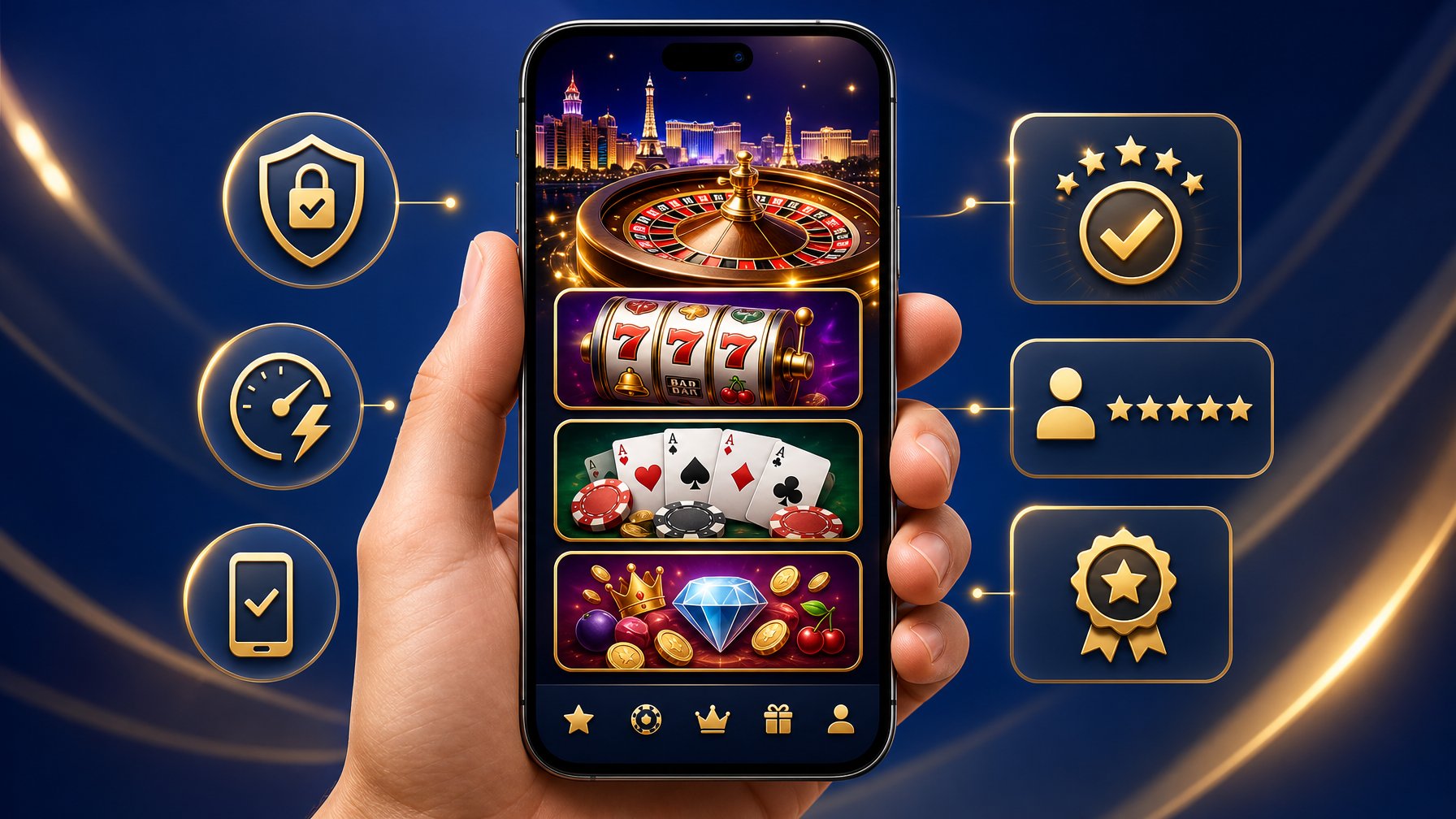 A Person Holding A Smartphone Showing Colorful Casino Game Icons With Symbols Representing Quick Facts And Highlights Around It.