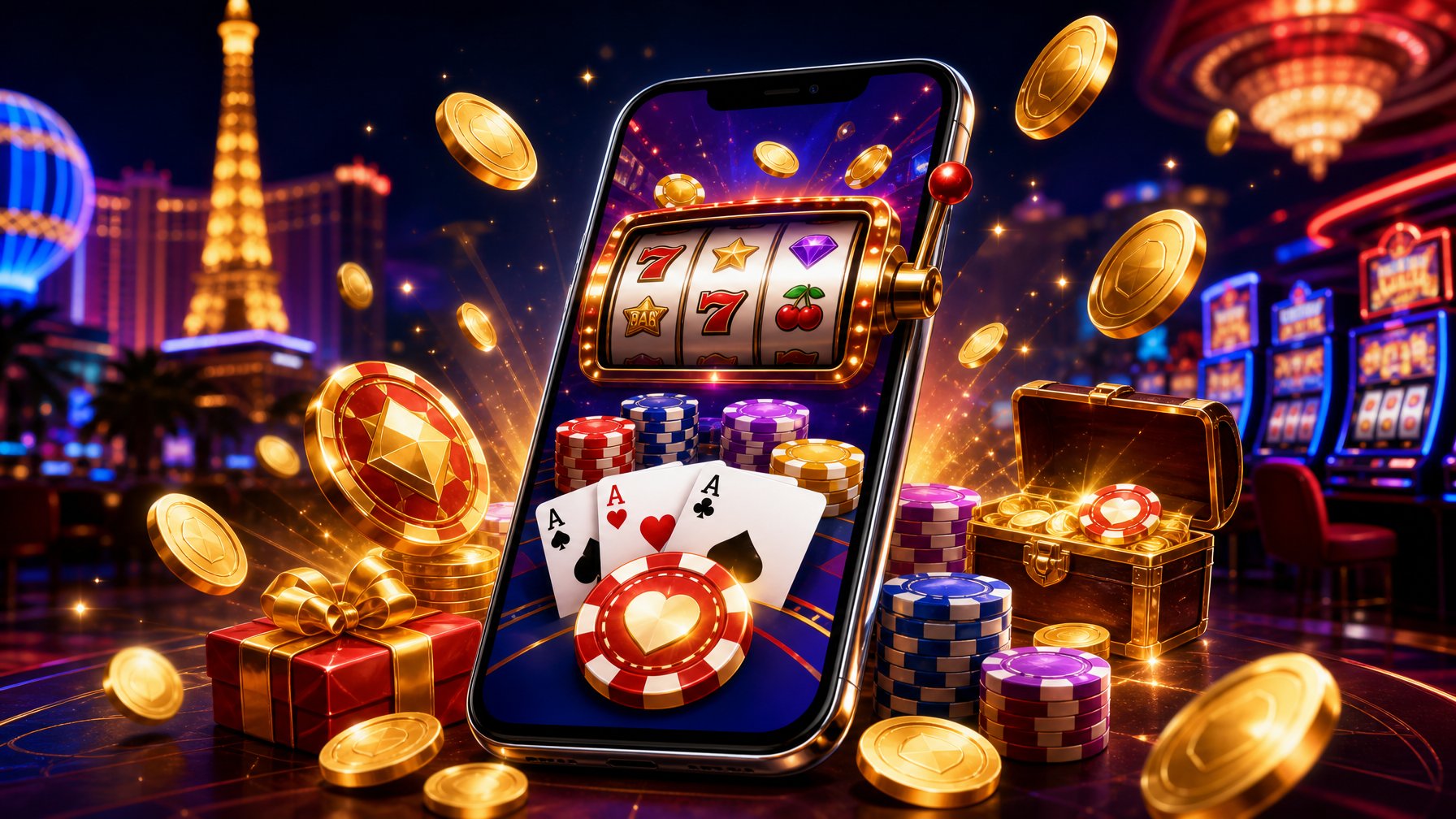 A Smartphone Showing A Casino Game Screen Surrounded By Poker Chips, Playing Cards, And Glowing Coins With A Vegas Casino Background.