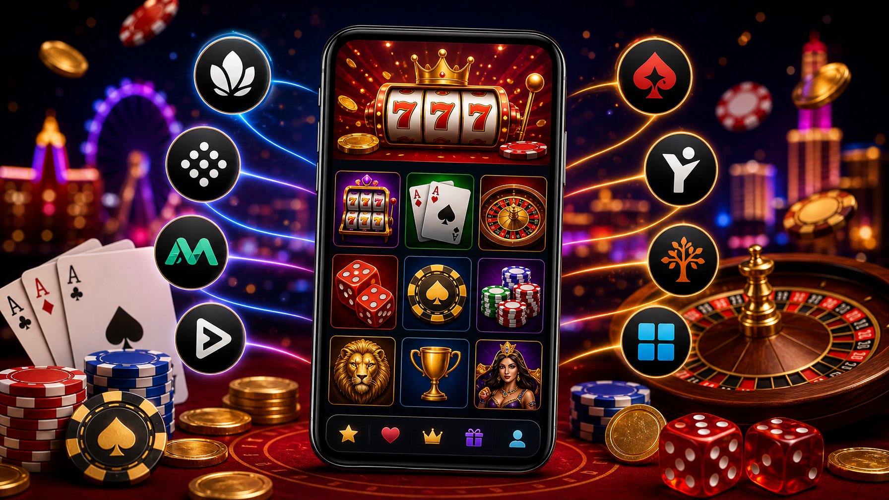 A Smartphone Showing Various Casino Games With Symbols Of Game Providers Around It And Casino Elements Like Chips And Cards In The Background.