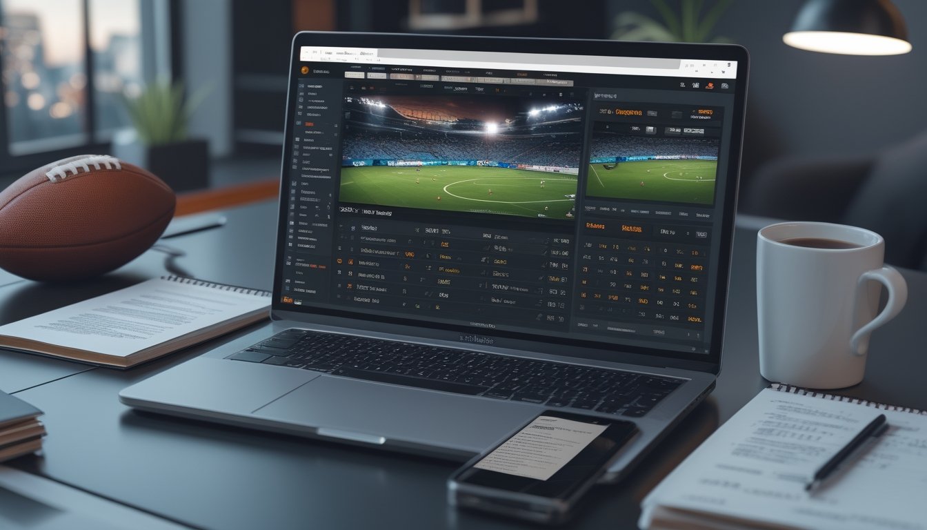 Seorang pria sedang bekerja dengan laptop dan smartphone menampilkan pertandingan sepak bola dan aplikasi taruhan di meja kerja.