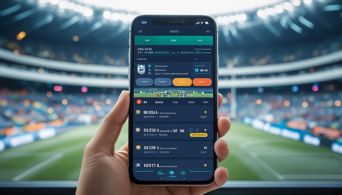 Seseorang memegang ponsel dengan aplikasi taruhan bola yang menampilkan statistik pertandingan sepak bola di latar stadion yang ramai.