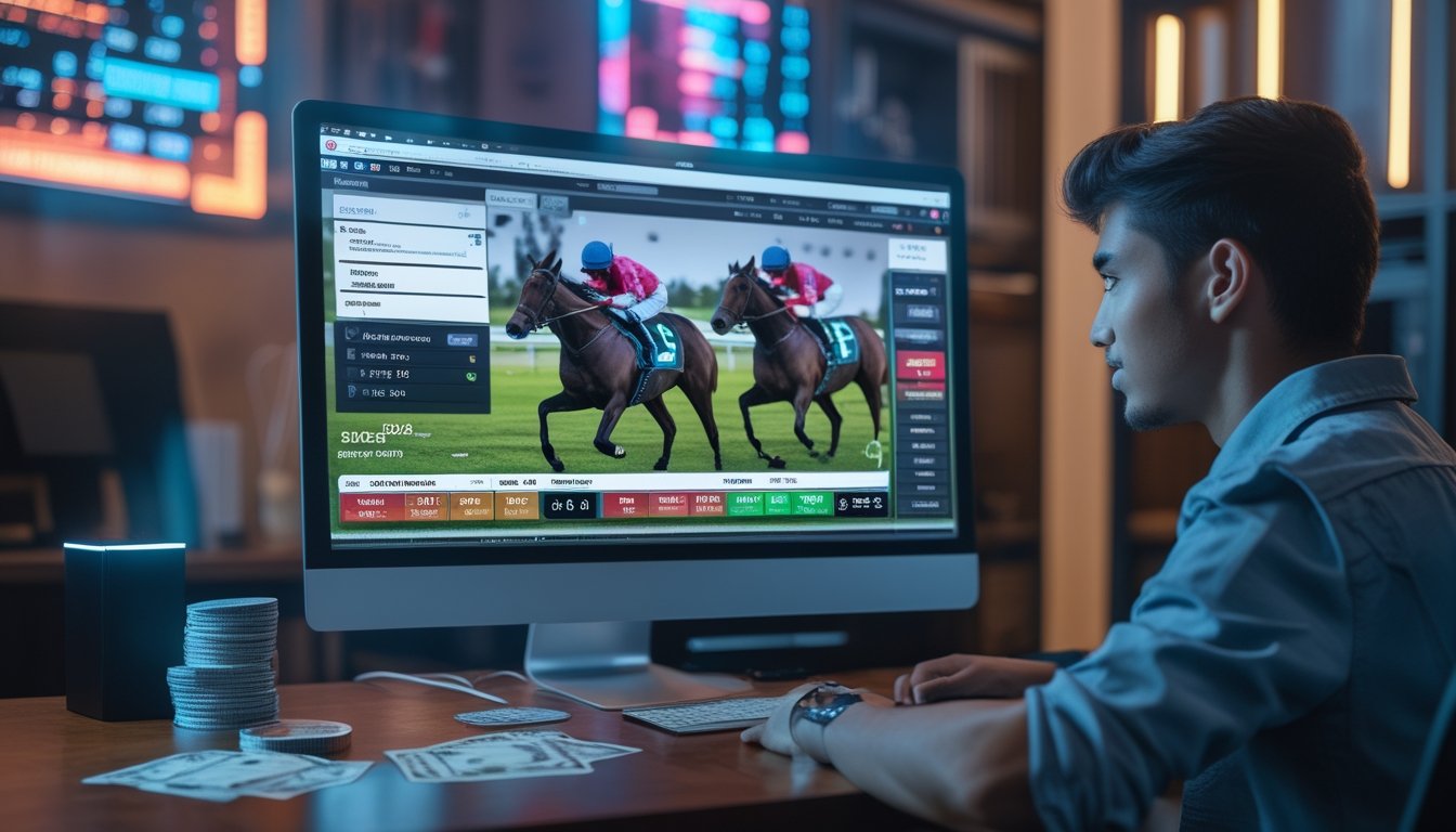 Seseorang duduk di depan komputer dengan tampilan taruhan balap kuda online, dikelilingi oleh perangkat teknologi modern dan suasana futuristik.