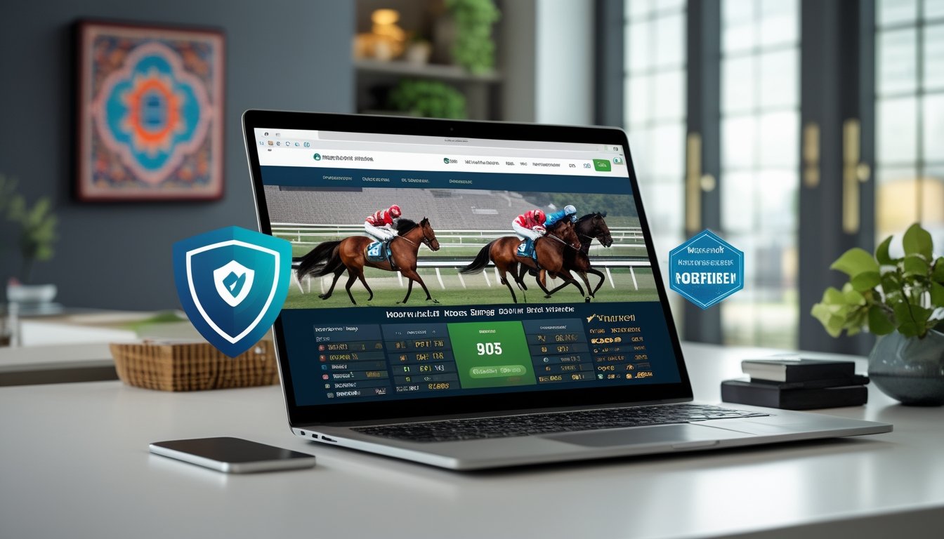 Seorang pengguna duduk di depan laptop yang menampilkan situs balap kuda online dengan elemen keamanan dan budaya Indonesia di sekitarnya.