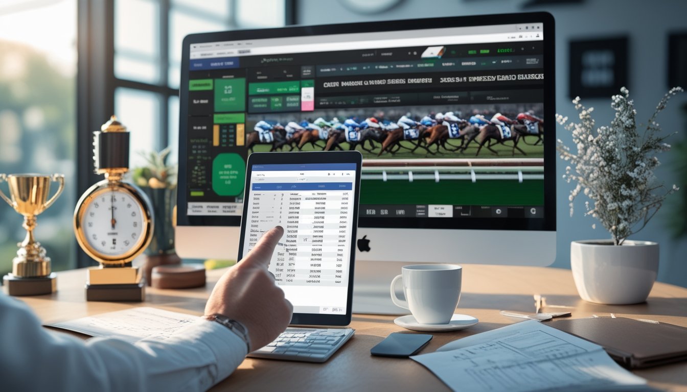 Seorang individu sedang menganalisis data balap kuda online di depan komputer dengan catatan strategi dan elemen balap kuda di sekitarnya.