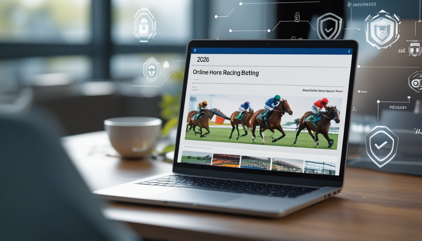 Seorang pengguna bekerja dengan laptop yang menampilkan antarmuka balap kuda online yang aman dan cepat di meja kerja modern.