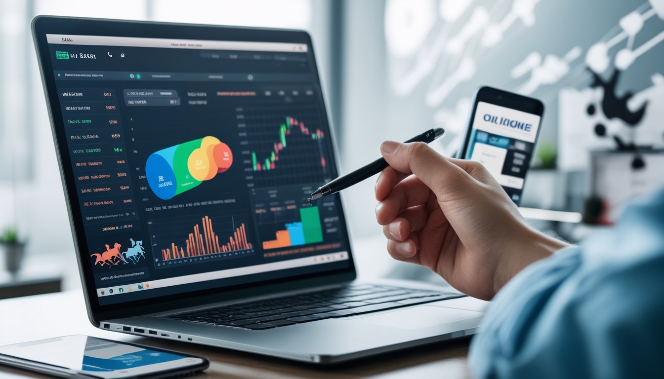 Seseorang sedang menganalisis data balap kuda online di depan laptop dengan grafik dan statistik di layar.