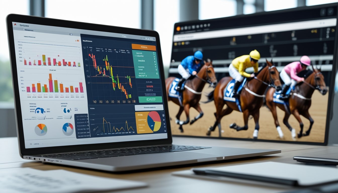 Seorang pria sedang bekerja di depan laptop dengan layar menampilkan grafik dan data balap kuda, di latar belakang terlihat balapan kuda yang sedang berlangsung.