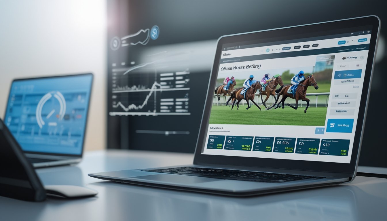 Seorang pengguna di depan komputer yang menampilkan balap kuda secara online dengan grafik taruhan dan simbol keamanan di sekitar layar.