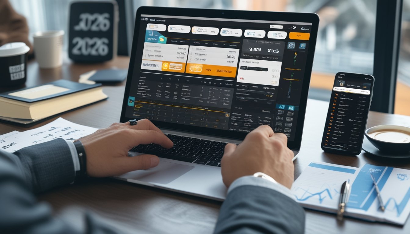 Seseorang sedang menganalisis data taruhan balap kuda secara online di depan laptop dengan tampilan antarmuka taruhan dan catatan di meja.