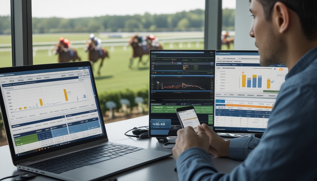 Seorang individu sedang menganalisis data balap kuda menggunakan beberapa layar digital di sebuah kantor modern dengan latar belakang arena balap kuda.