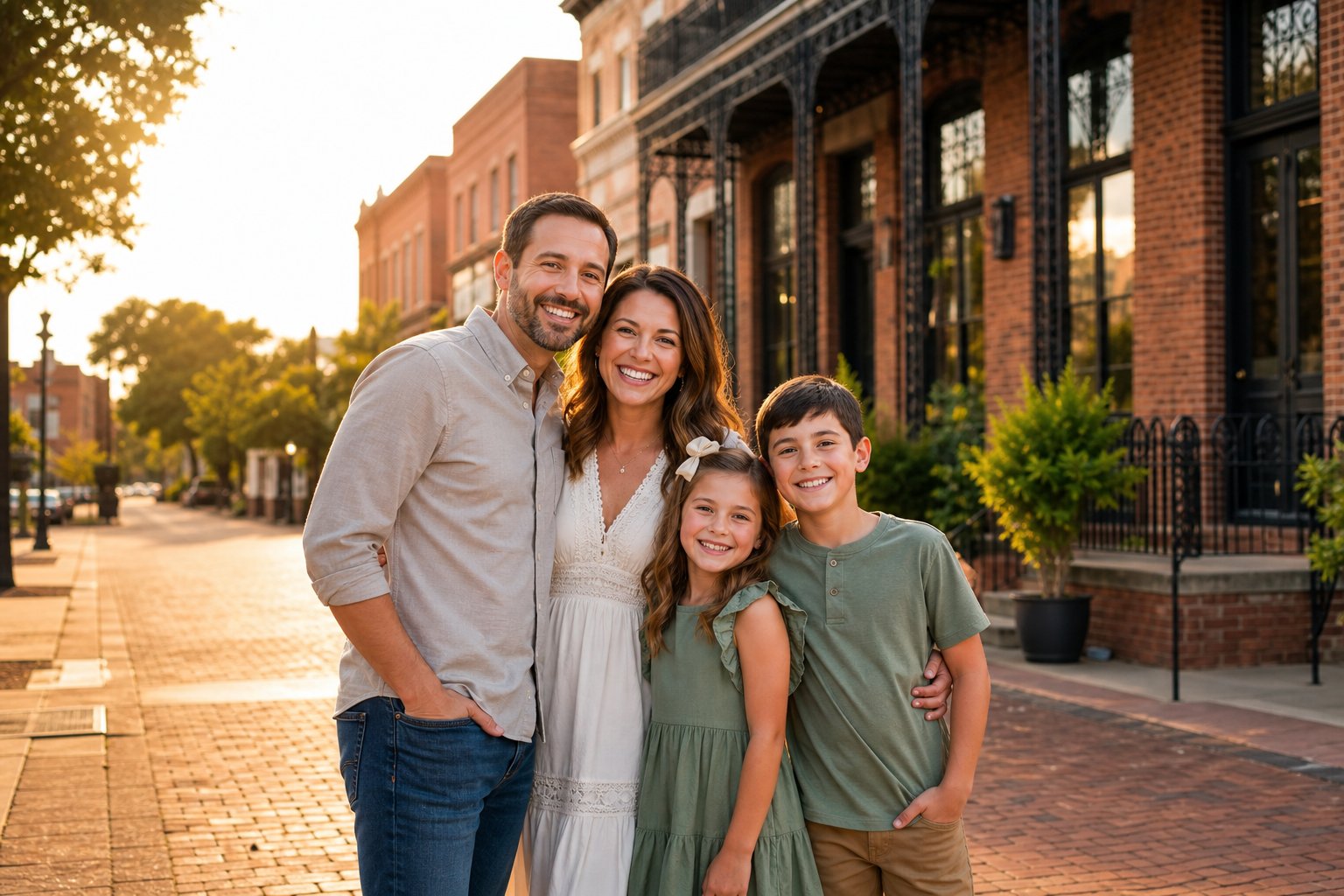 A family of four smiling and posing together on a street in front of historic brick buildings in Tupelo, Mississippi.