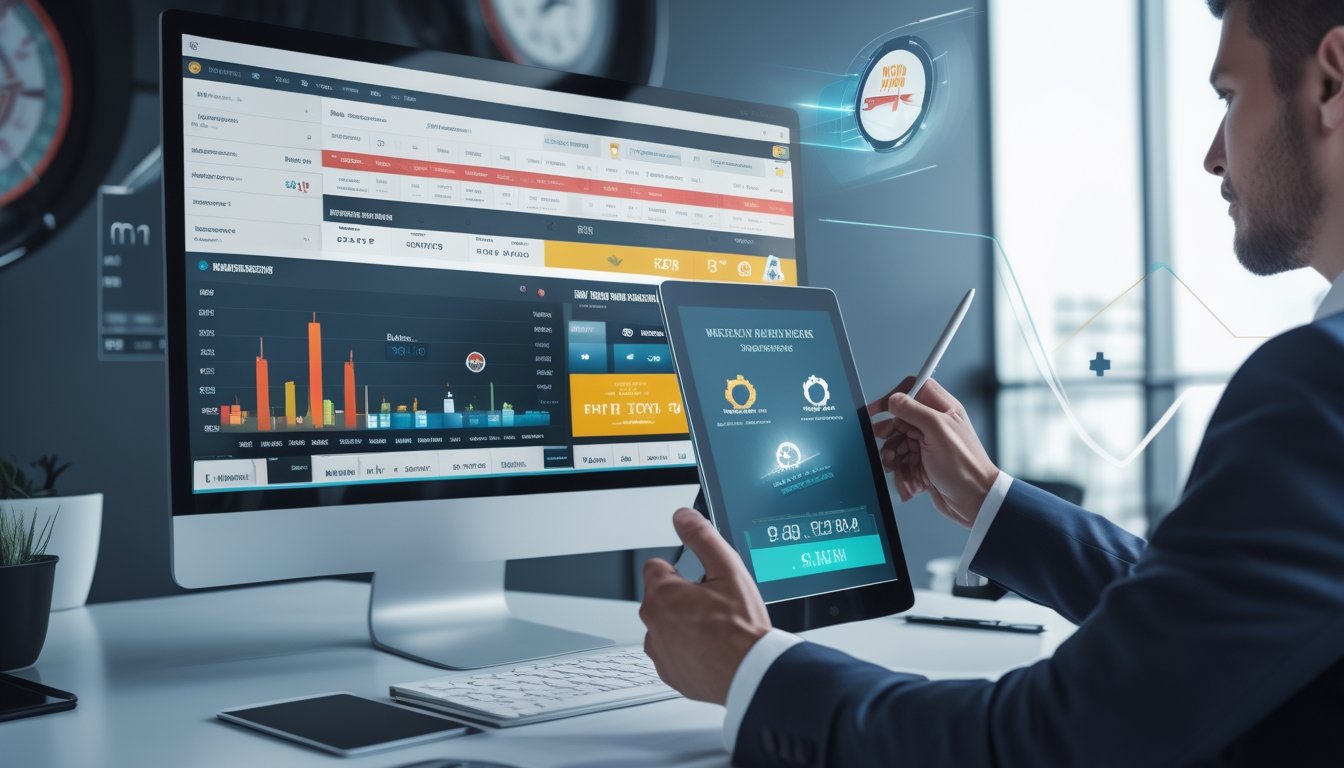 Seorang profesional sedang menganalisis data taruhan balap kuda online di ruang kerja modern dengan layar komputer yang menampilkan statistik dan grafik balap kuda.