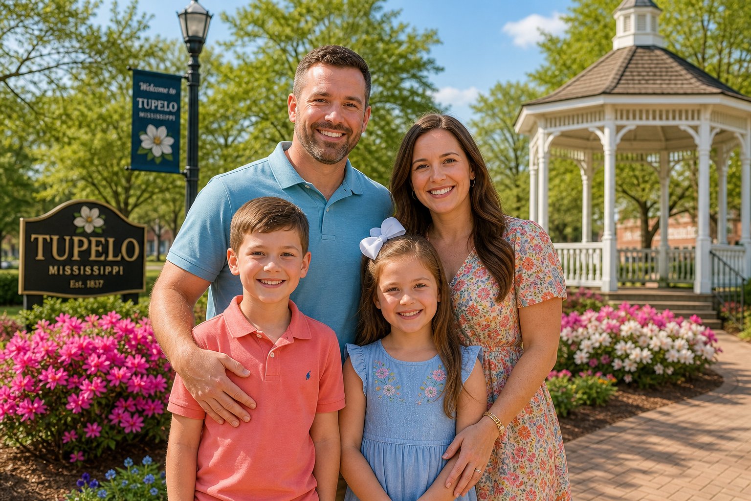 A family of four smiling and posing together outdoors in a park with trees, flowers, and a gazebo in the background.