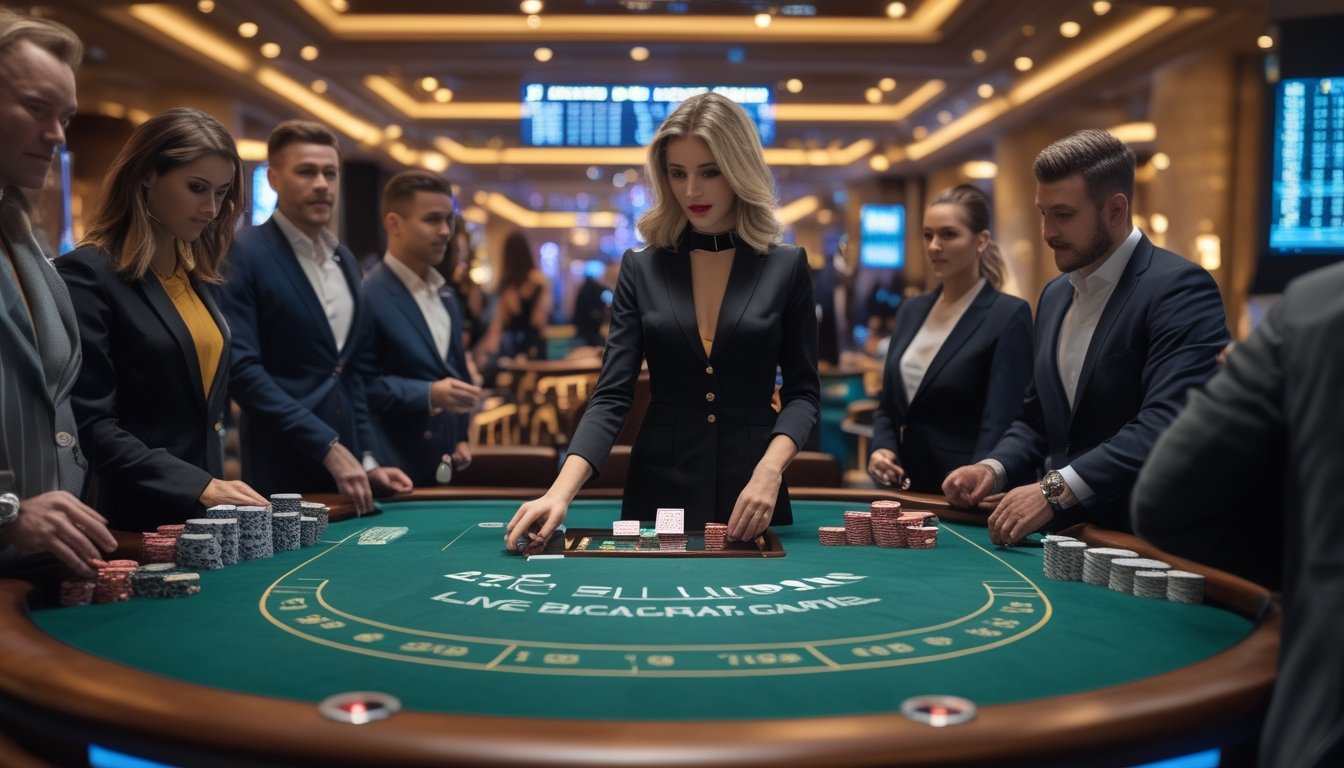 Seorang dealer wanita yang rapi membagikan kartu baccarat di meja hijau dengan beberapa pemain yang fokus dan antusias di kasino mewah.