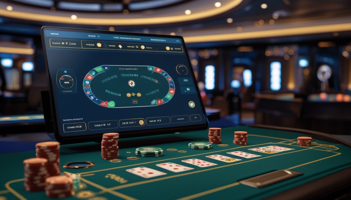 Sebuah layar komputer menampilkan permainan Baccarat online dengan kartu dan chip, di latar belakang suasana kasino yang remang-remang dan elegan.