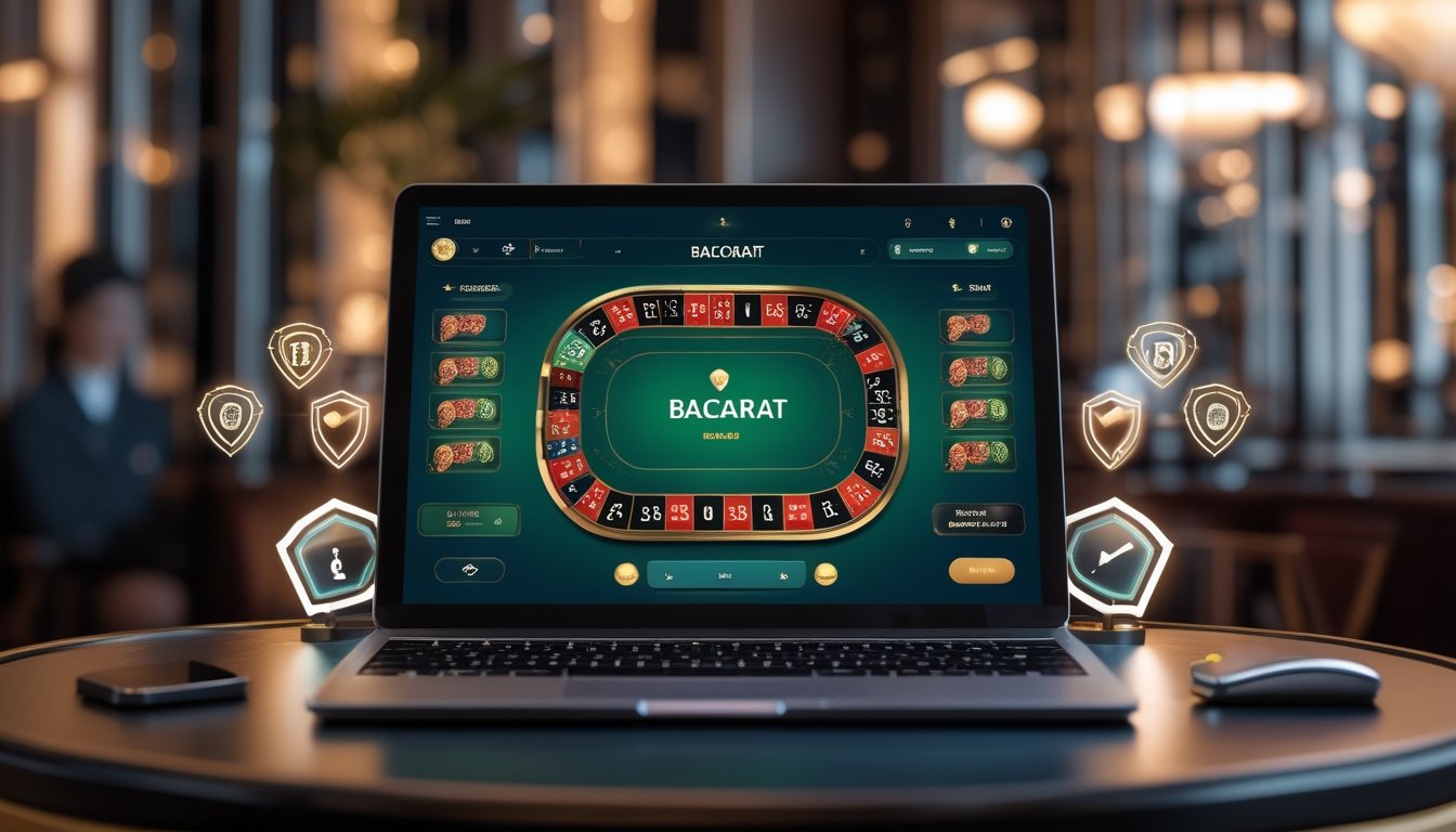 Seseorang menggunakan laptop dengan permainan Baccarat online yang menampilkan kartu dan chip, di lingkungan yang elegan dan modern.