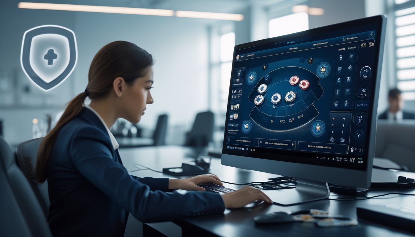 Seorang profesional sedang menggunakan komputer dengan tampilan permainan baccarat online yang menampilkan kartu dan chip, di ruang kerja yang rapi dan terang.