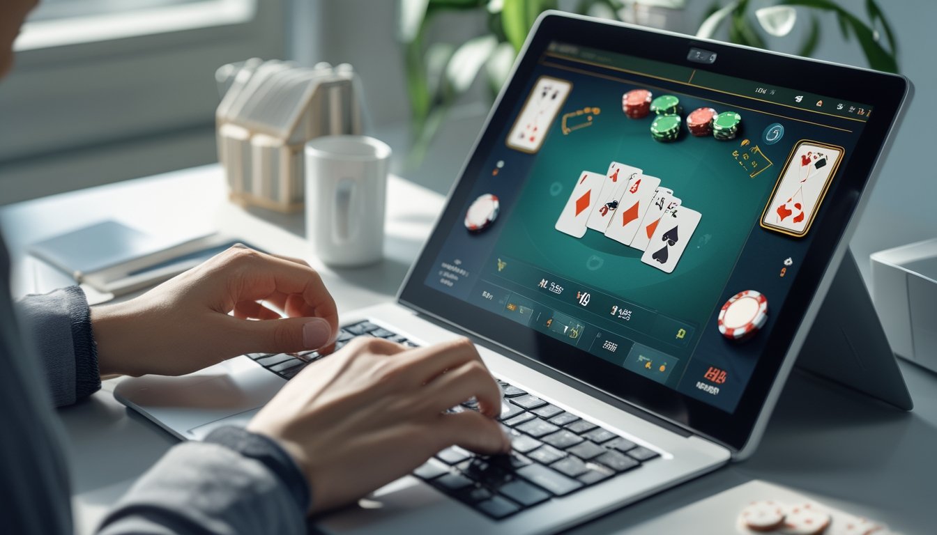 Seseorang bermain permainan baccarat online di laptop dengan tumpukan chip di meja yang rapi.