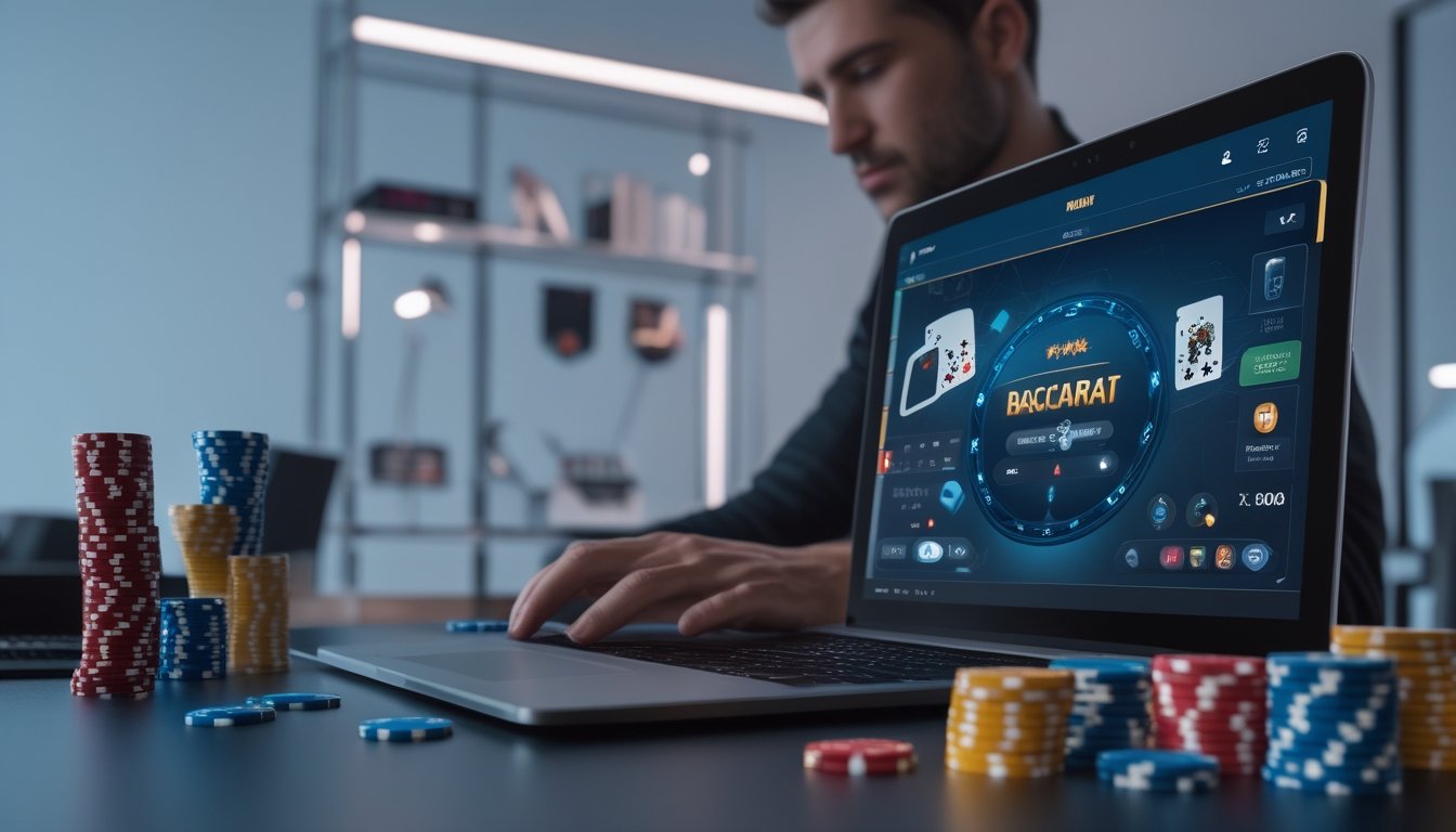 Seorang pemain sedang bermain permainan baccarat online di komputer dengan tumpukan chip dan kartu di meja, di dalam ruangan yang terang dan modern.