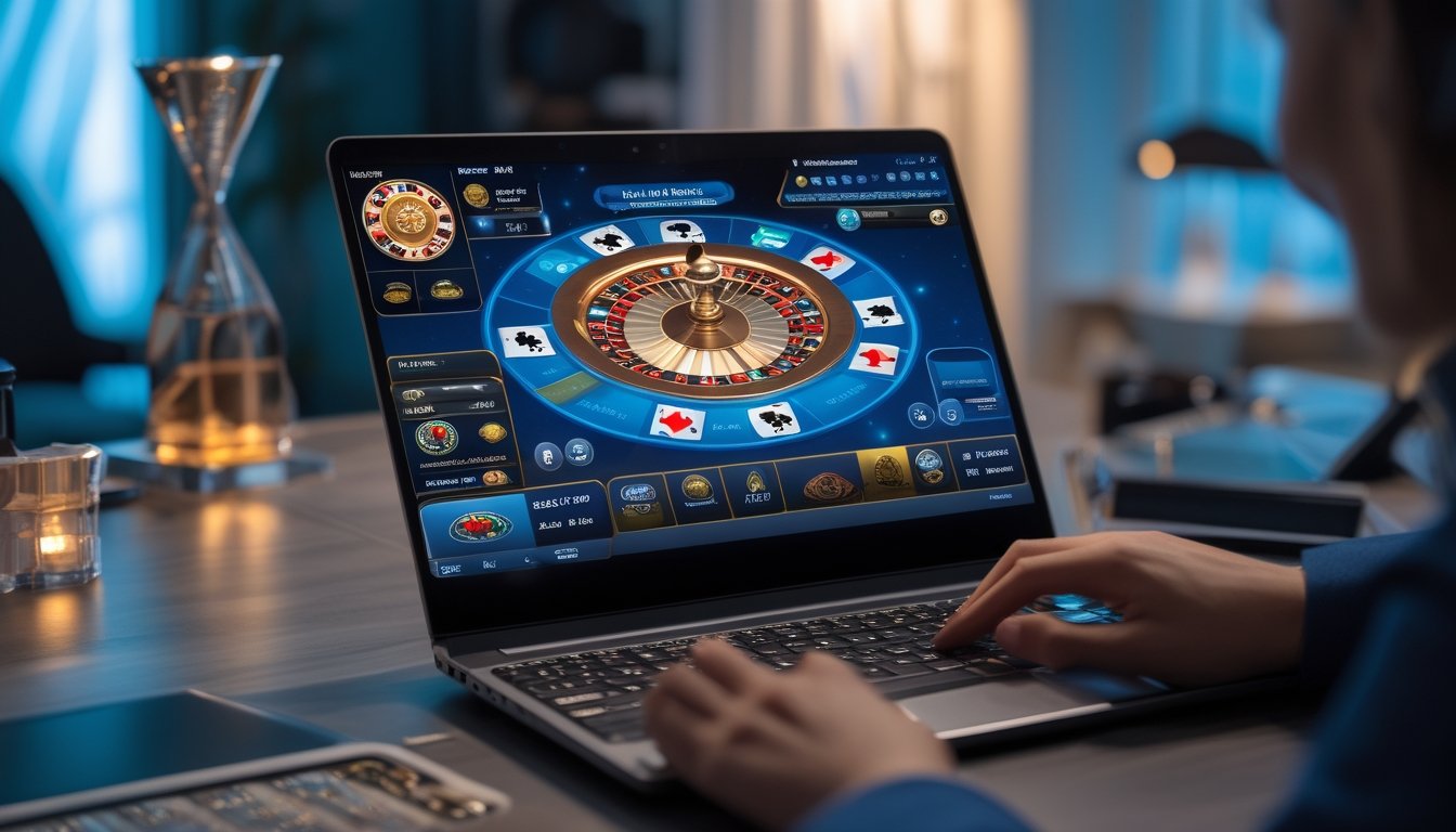 Seseorang sedang bermain baccarat online di laptop di sebuah ruangan dengan pencahayaan hangat dan suasana modern.