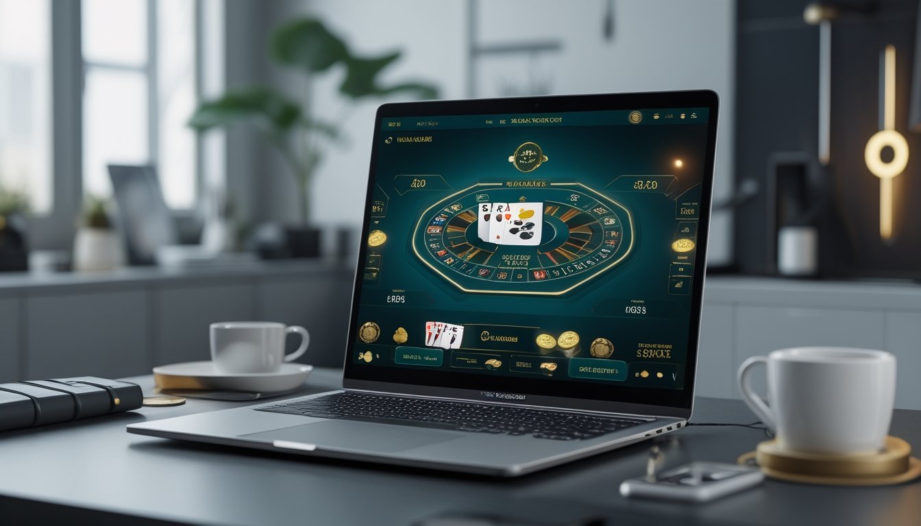 Seorang pemain menggunakan komputer dengan tampilan permainan baccarat online di layar dalam ruangan yang terang dan rapi.