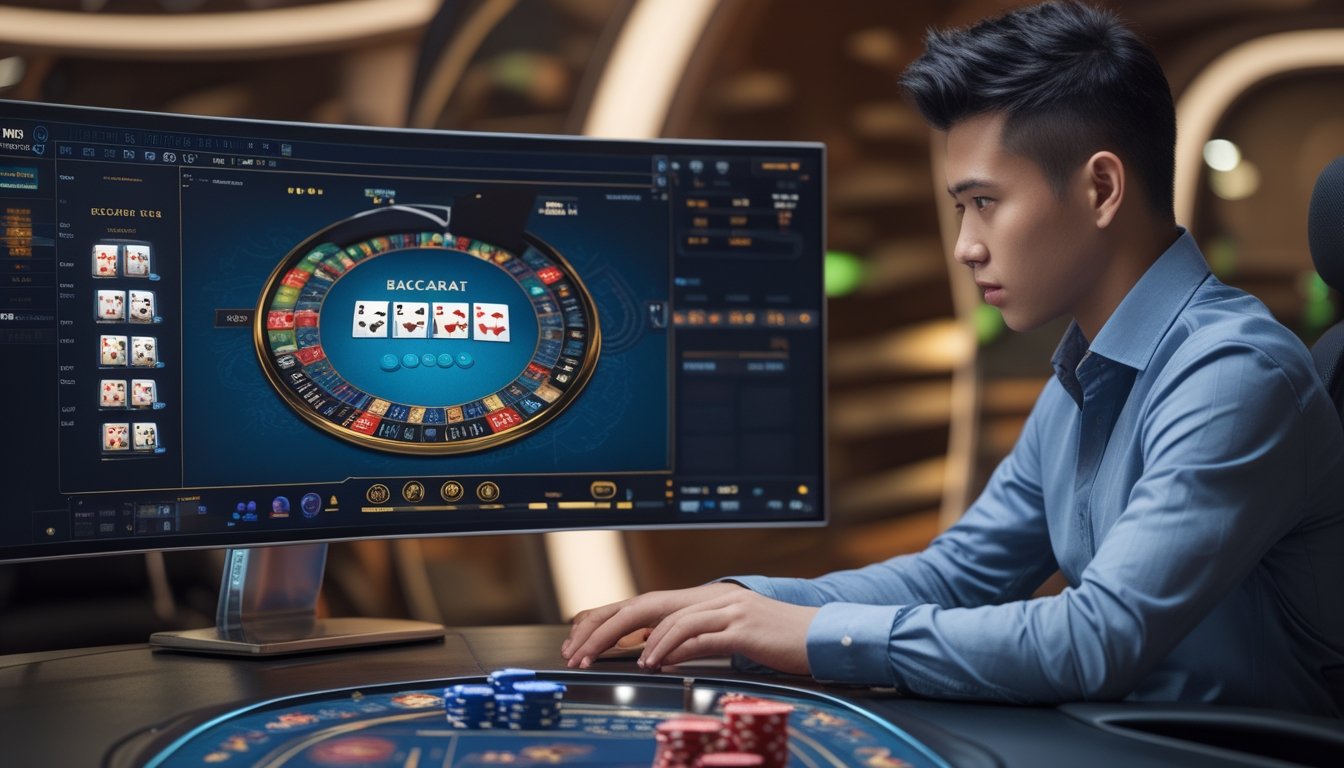 Seorang pemain profesional Indonesia sedang fokus bermain baccarat online di depan komputer dengan tampilan meja permainan digital di layar.