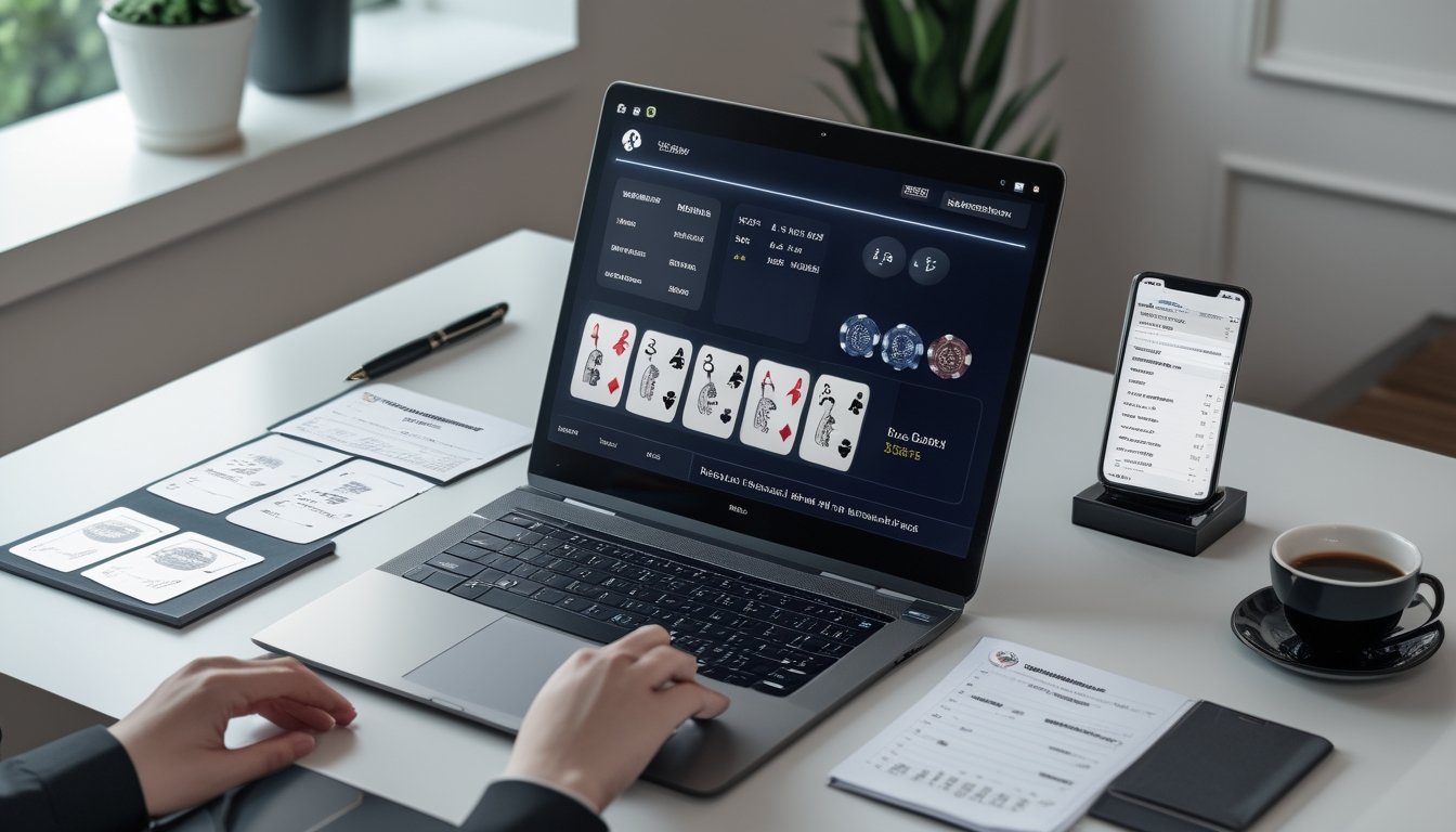 Seorang pemain sedang fokus menggunakan komputer dengan tampilan permainan baccarat online dan catatan strategi di meja.