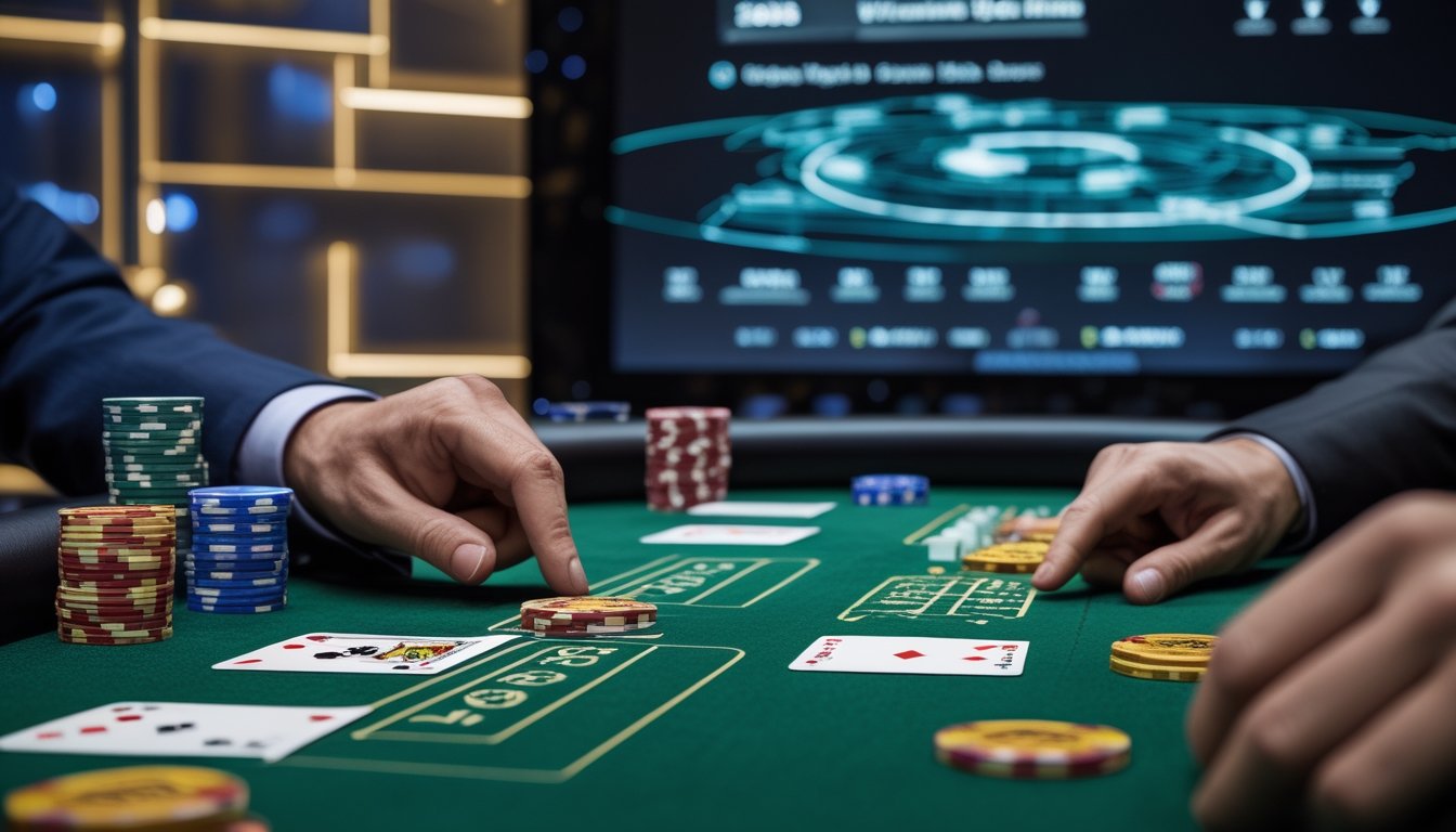 Meja kasino dengan kartu dan chip poker, dua tangan sedang memasang taruhan pada permainan Baccarat dan Dragon Tiger.