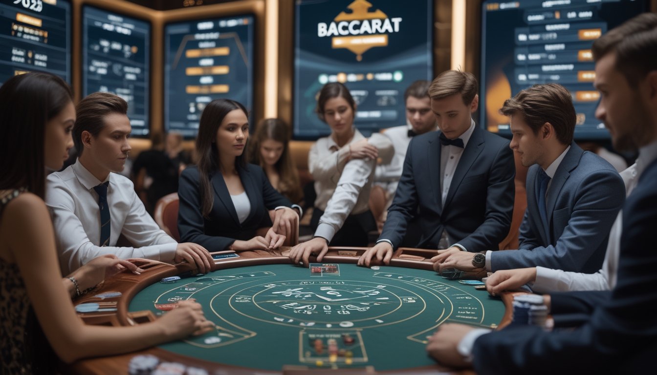 Meja permainan Baccarat dengan pemain dan dealer yang fokus, kartu dan chip tertata rapi, serta layar digital di latar belakang menampilkan statistik permainan.