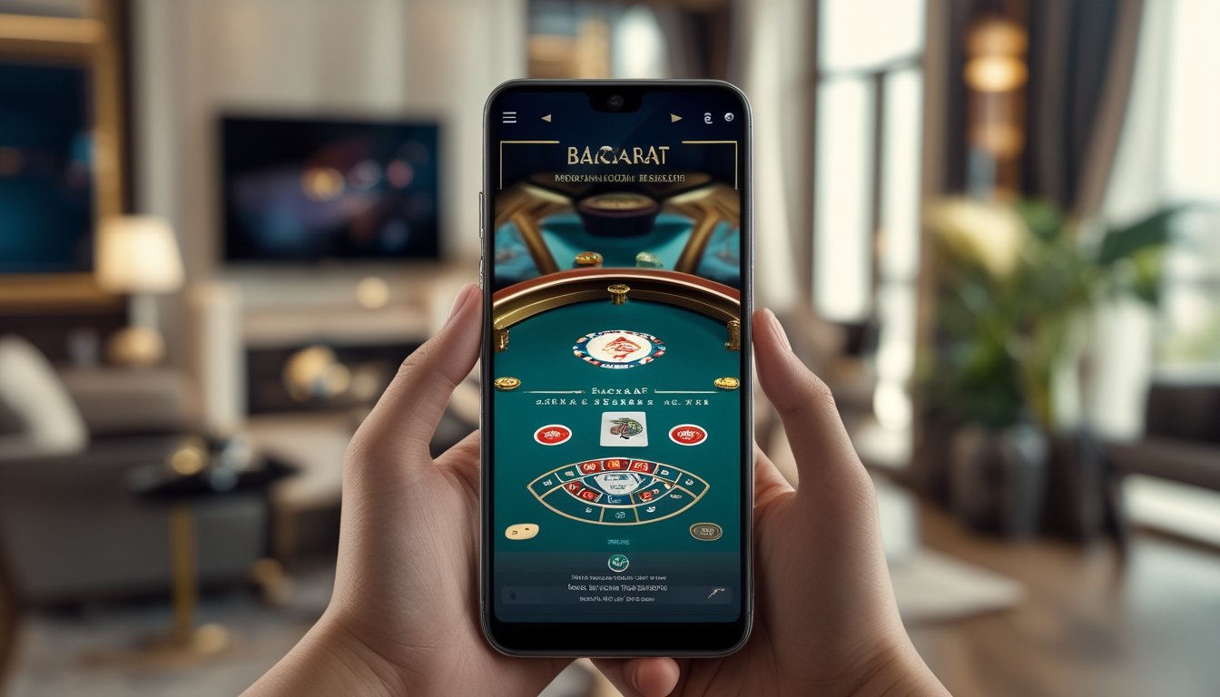Sebuah ponsel modern menampilkan permainan Baccarat online dengan kartu dan chip di latar ruang tamu yang elegan.