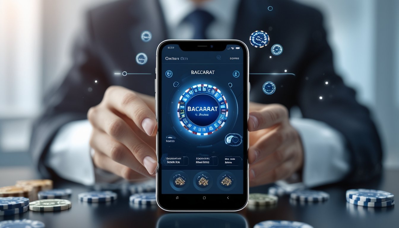 Seseorang memegang ponsel yang menampilkan aplikasi baccarat online dengan latar belakang bersih dan pencahayaan terang.